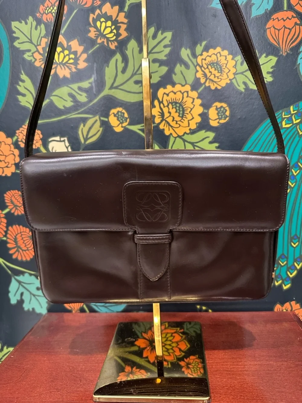 Vintage Loewe Anagram Leather Shoulder Bag Brown Spain Pre-LVMH Structured Flap - Picture 3 of 12